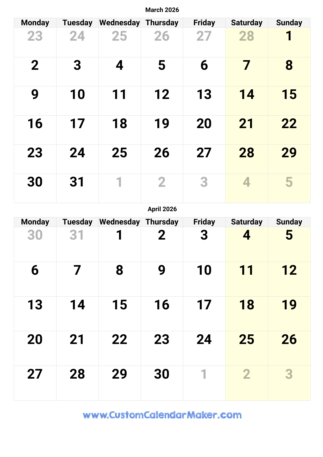 March April May June Calendar 2026