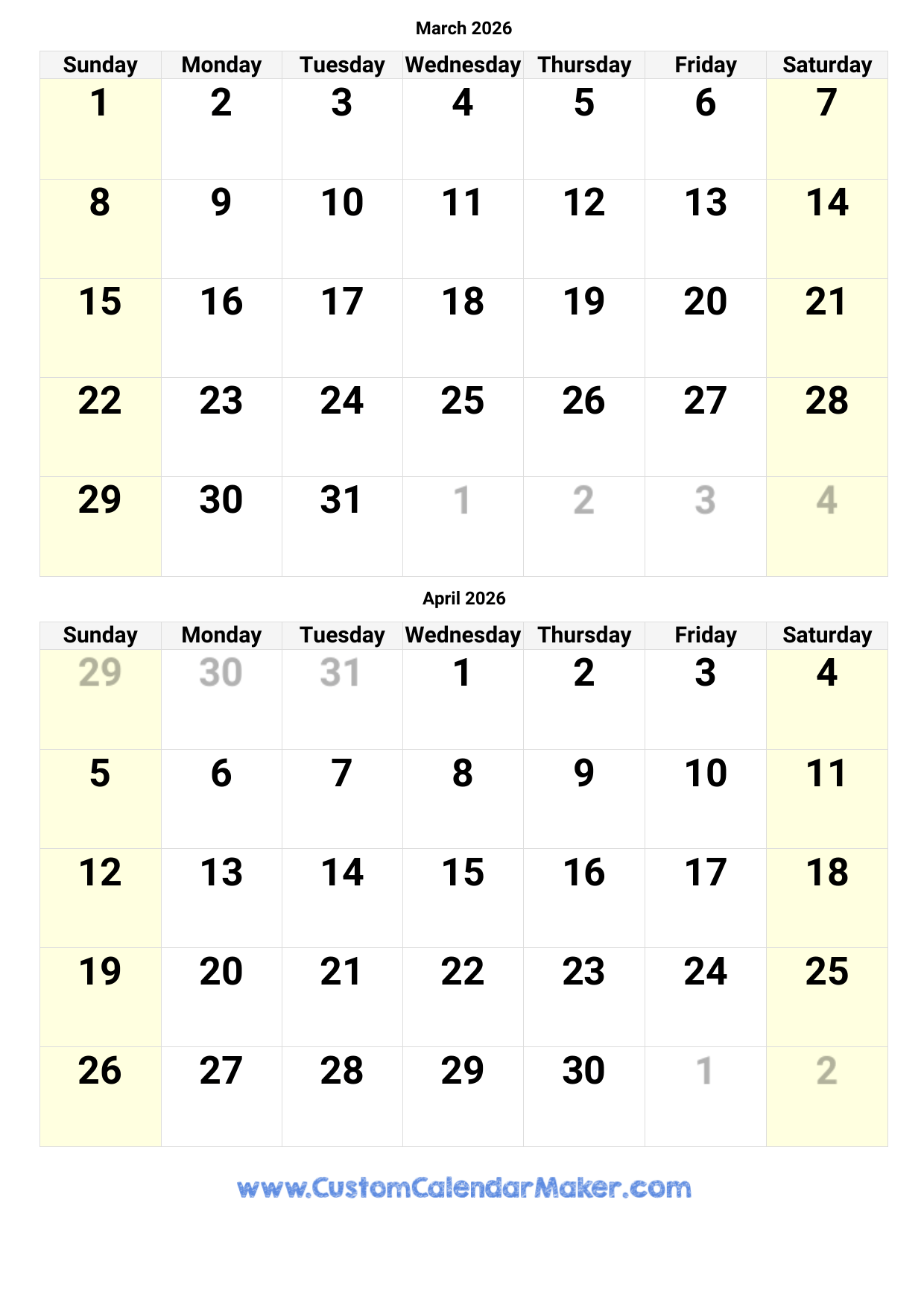 Feb March April May 2026 Calendar