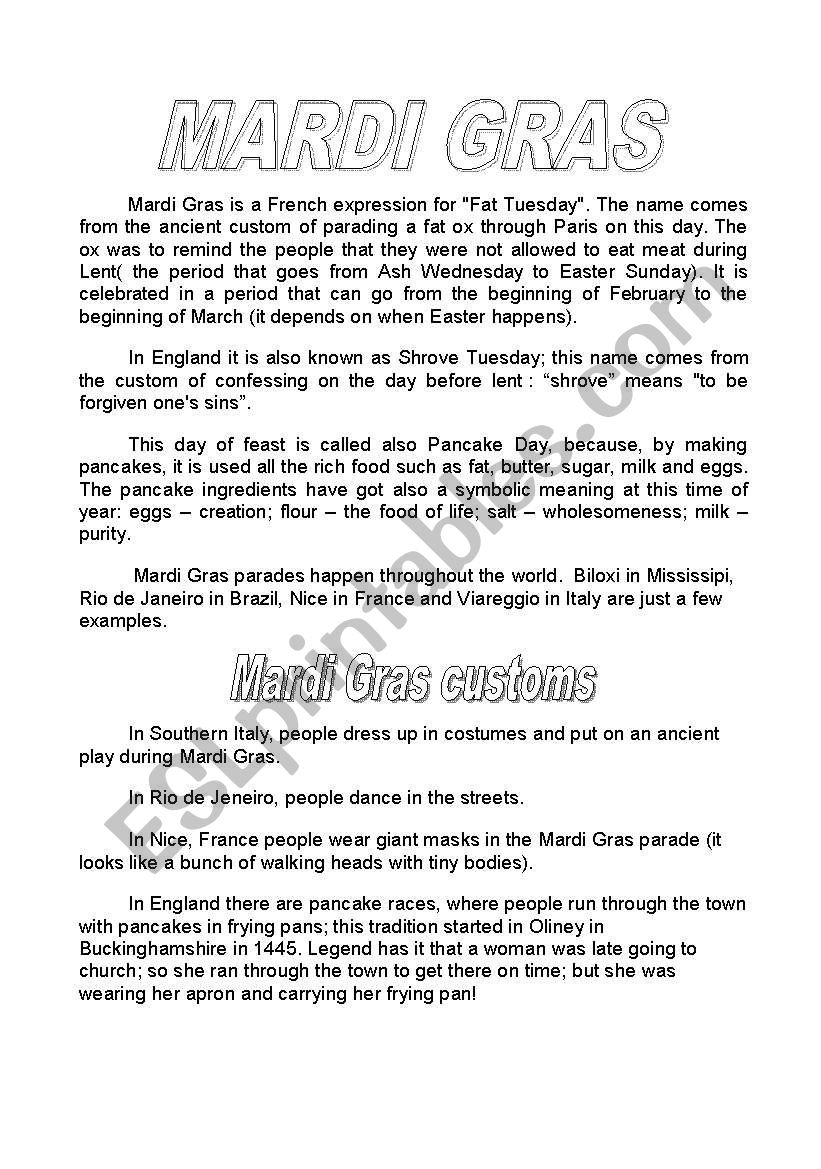 Mardi Gras Reading Comprehension Worksheets