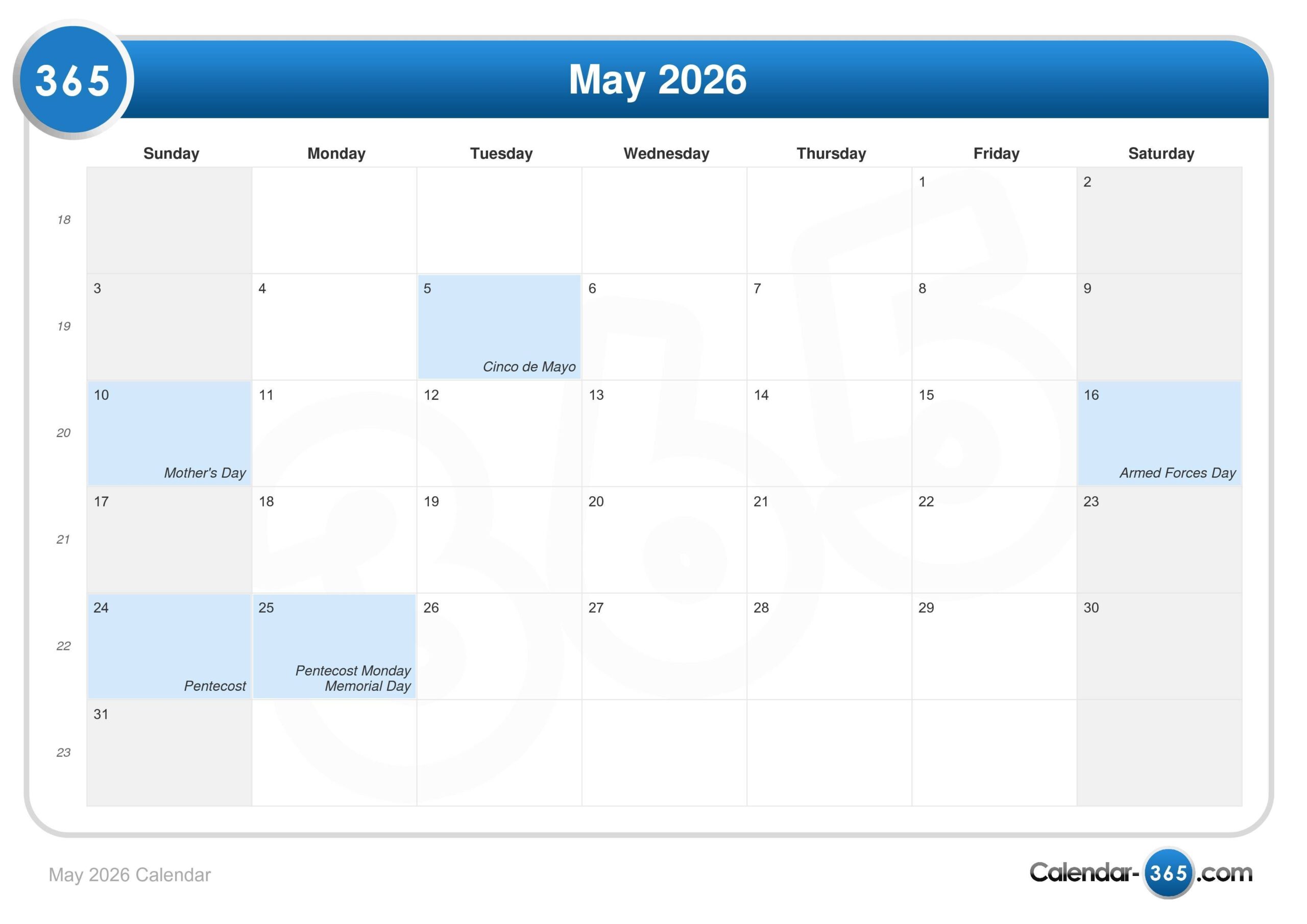 May 2026 Holiday Calendar