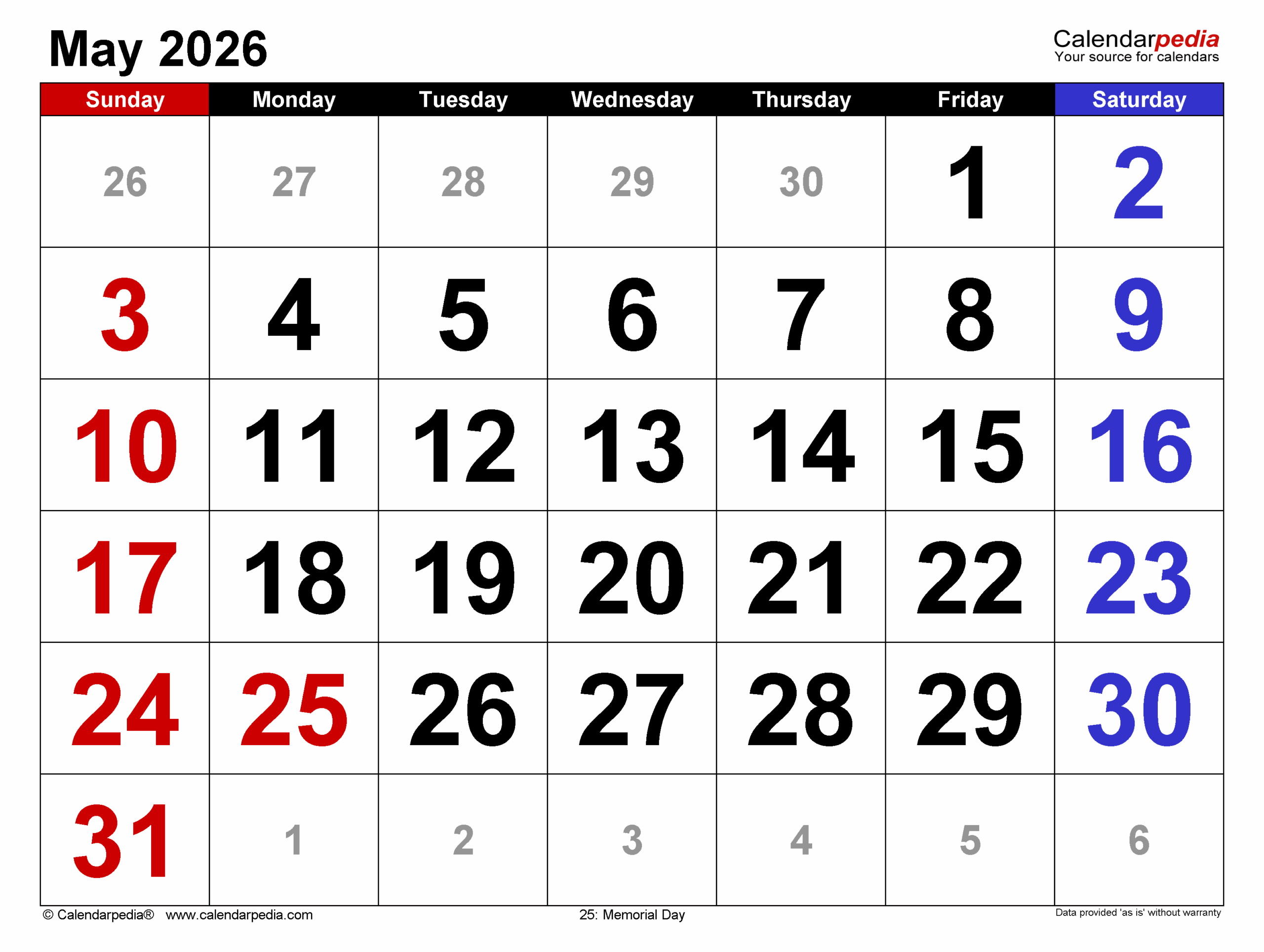 Blank Calendar May 2026