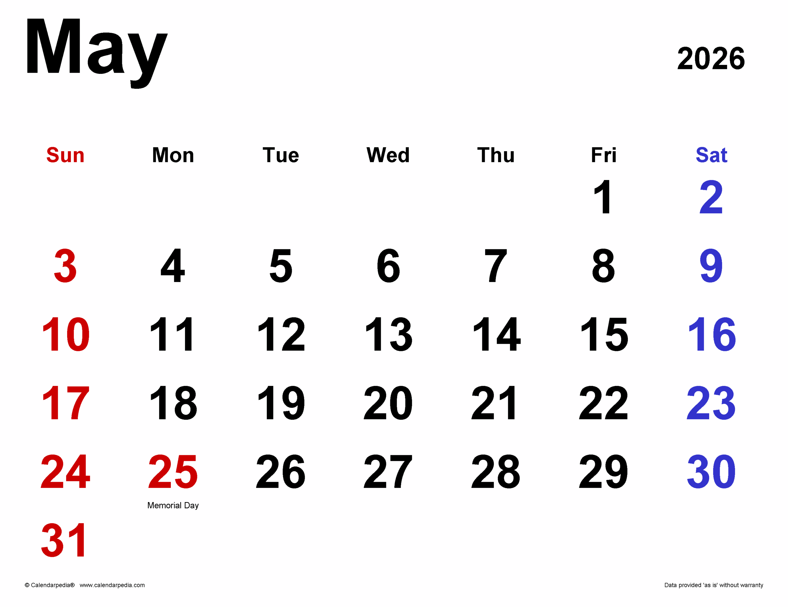 May Calendar 2026 Holidays