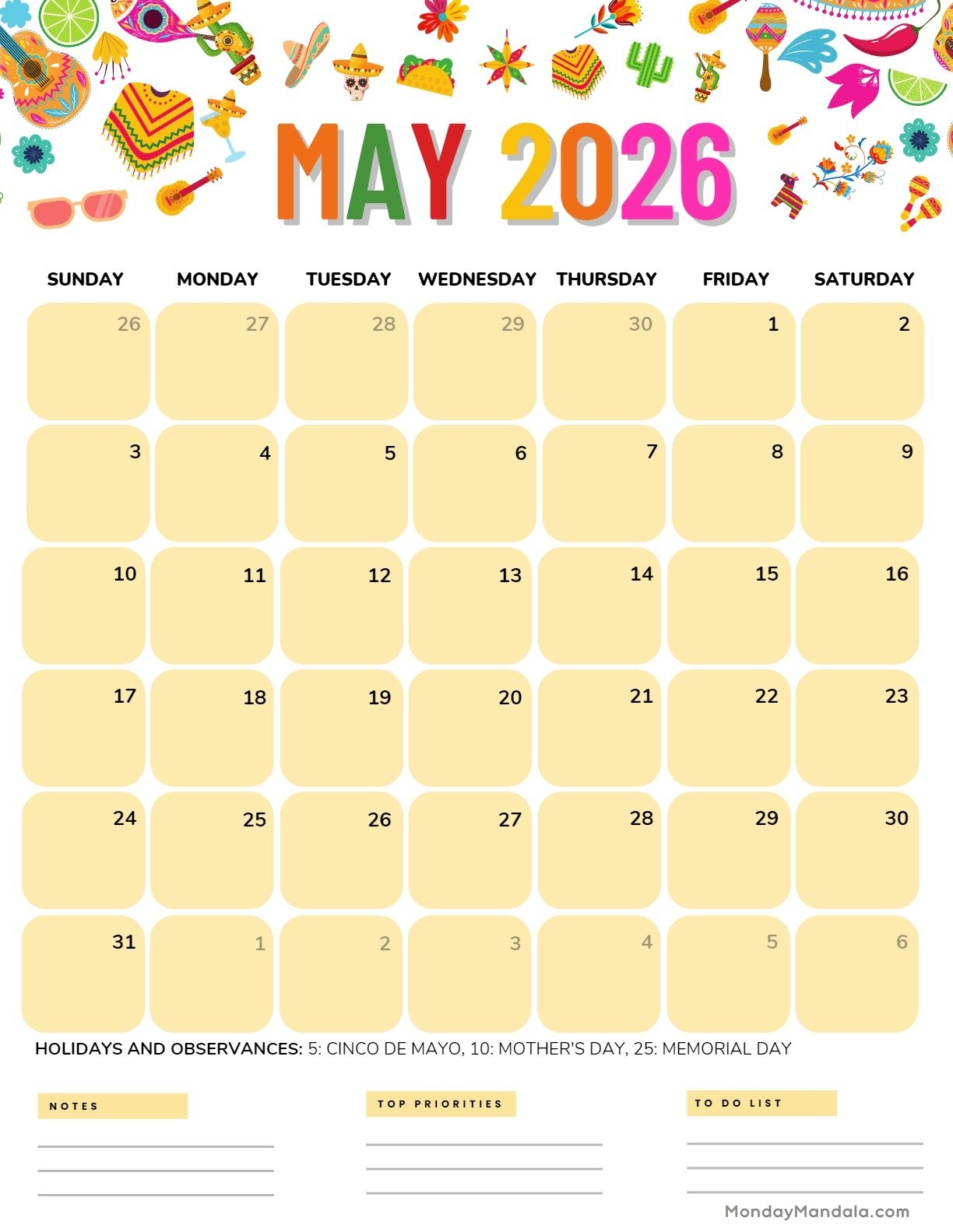 May Printable Calendar 2026