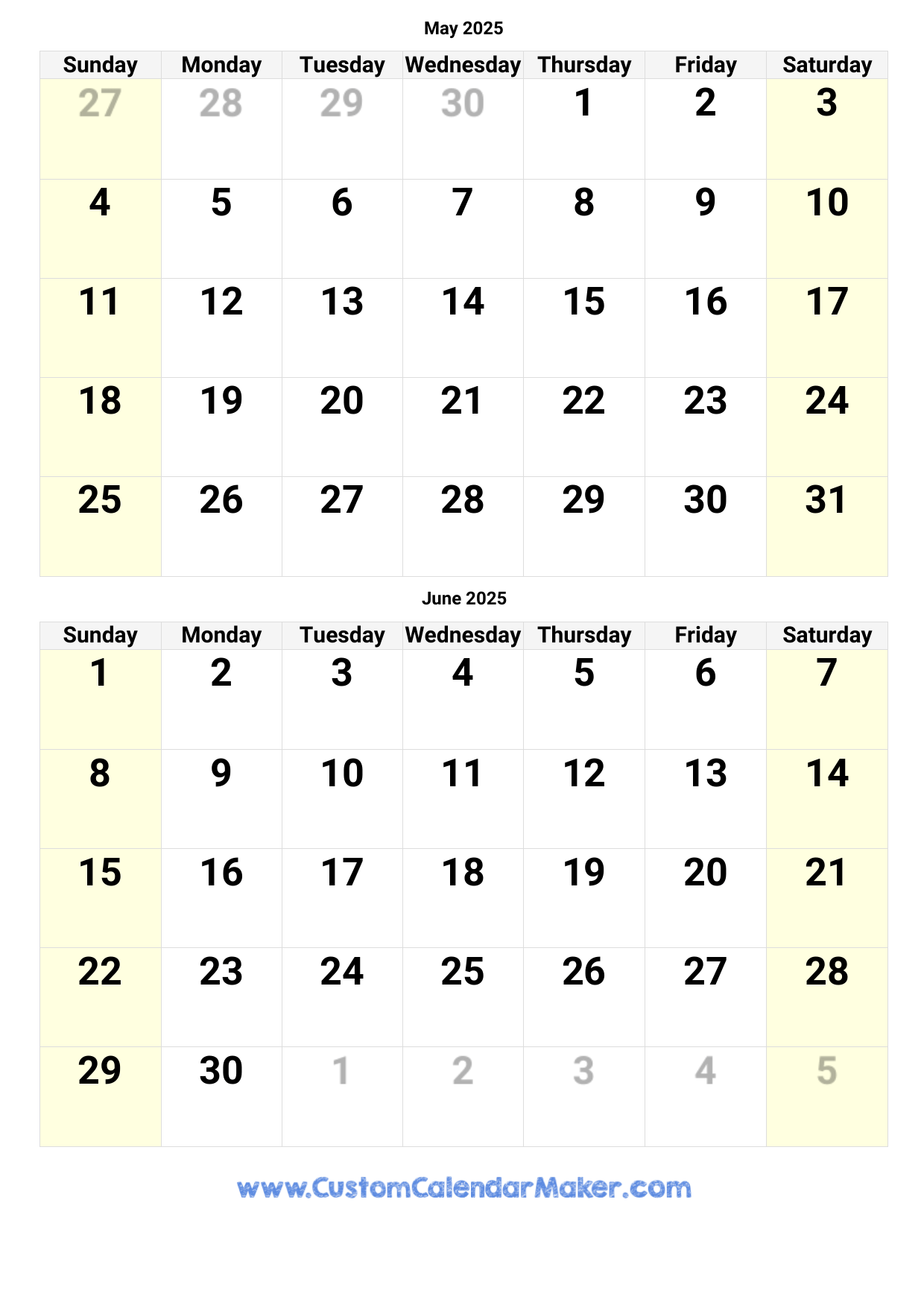 May And June Calendar 2025 Printable