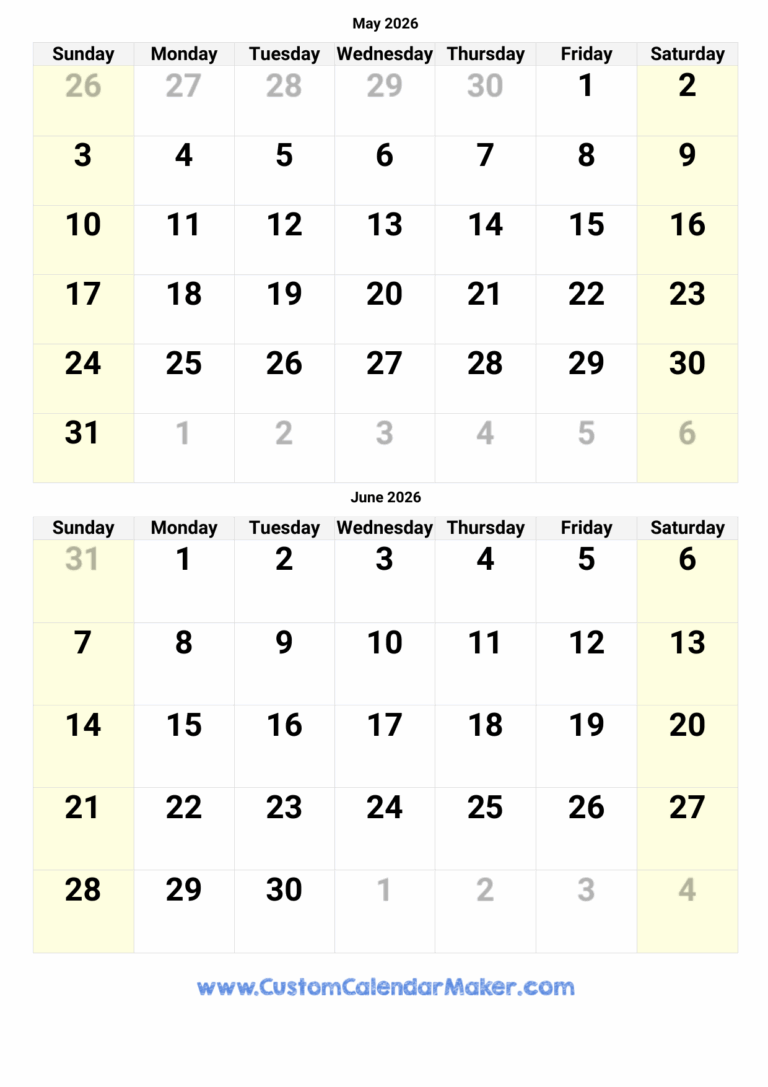 May And June 2026 Calendar Custom Calendar Maker