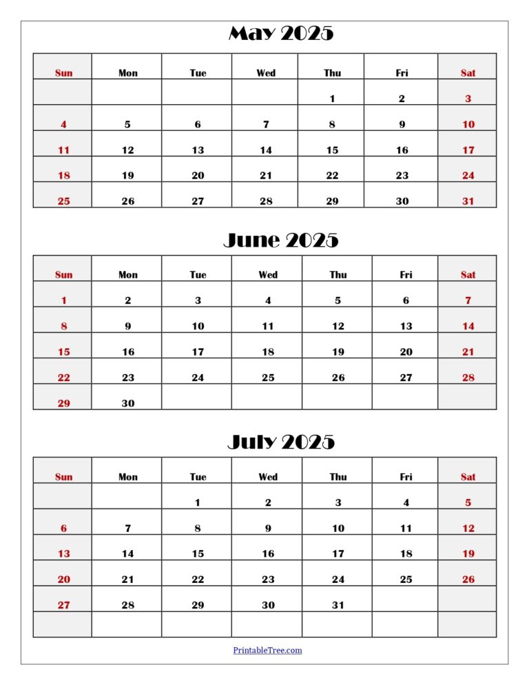 May To July 2025 Calendar Printable PDF Three Months Calendar