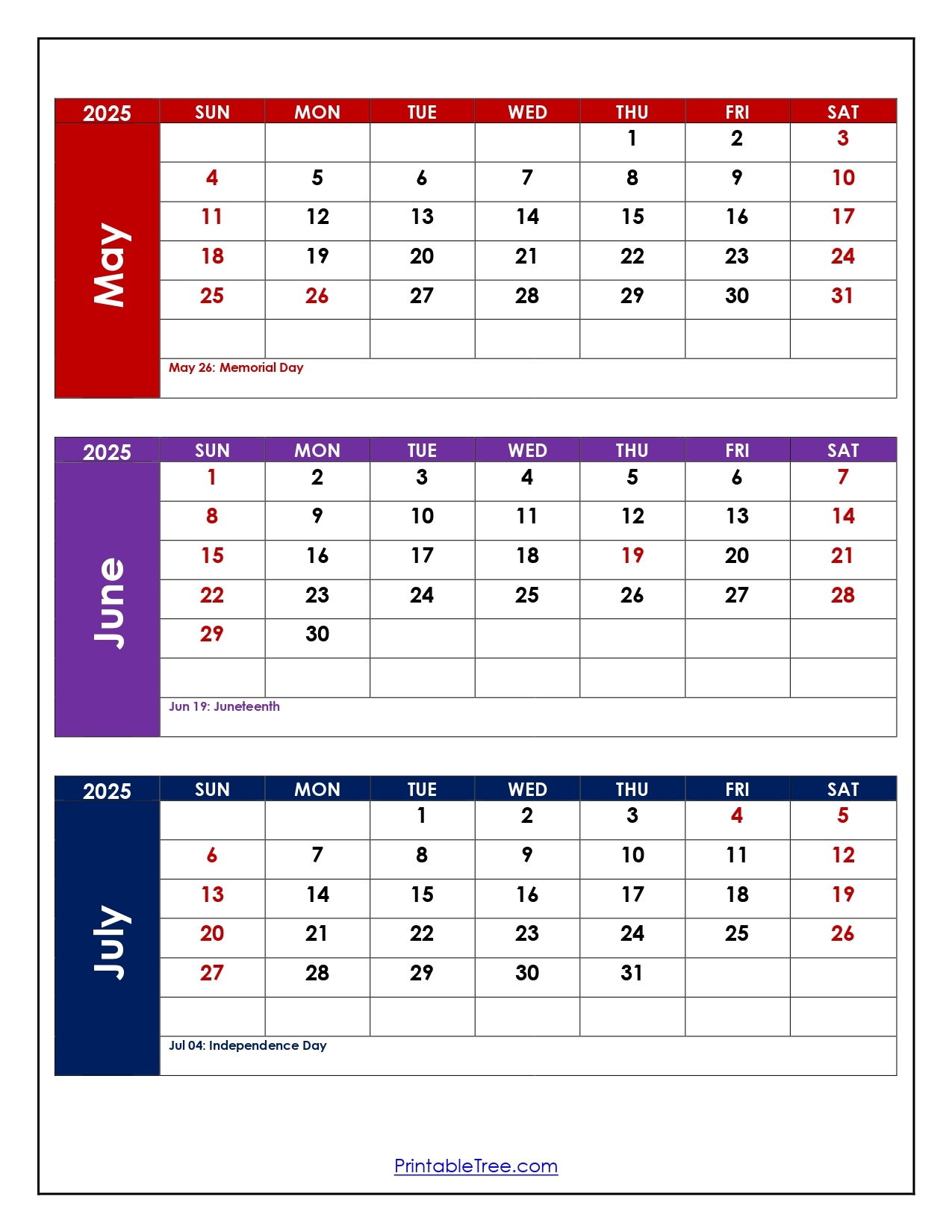 May June July 2025 Calendar