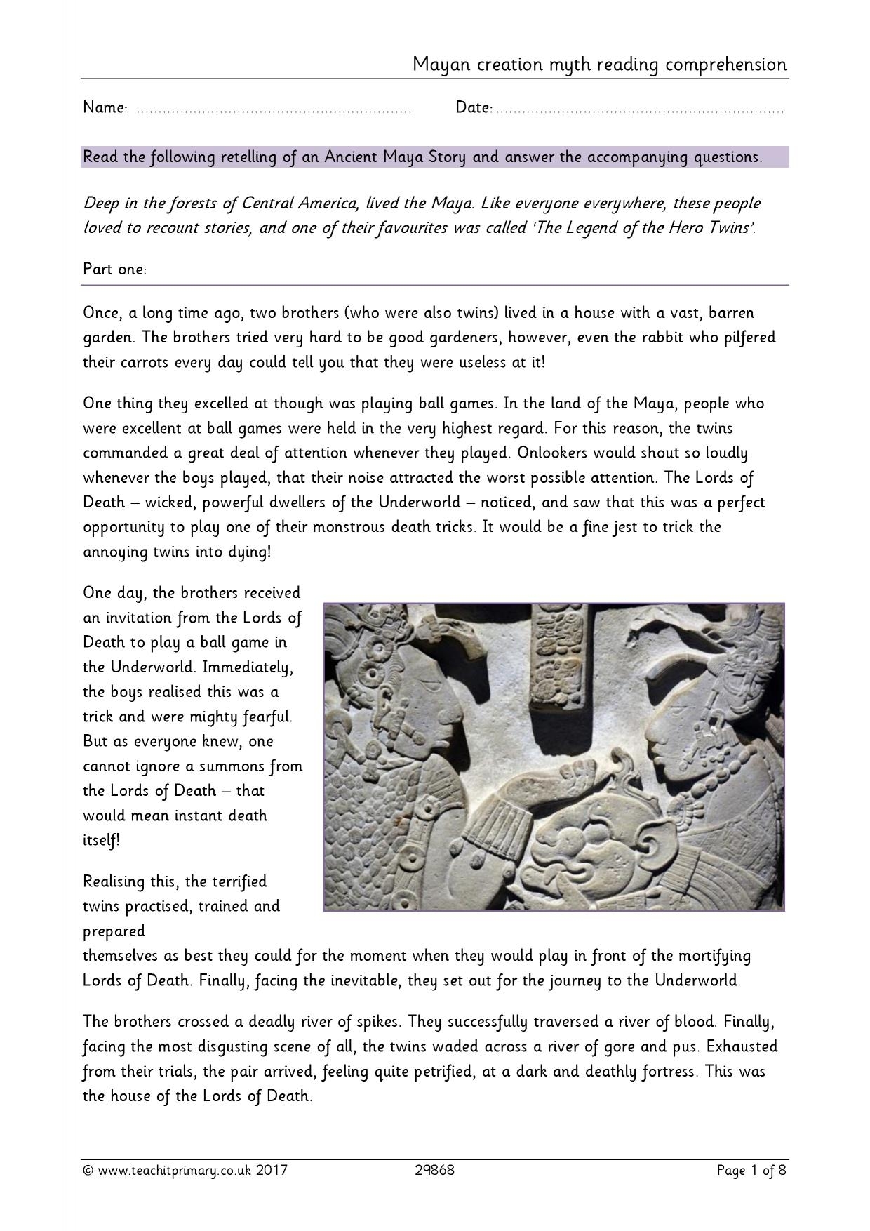 Mayan Reading Comprehension Worksheet