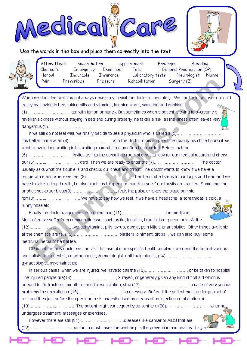 Medical Care Reading Comprehension And Vocabulary ESL 