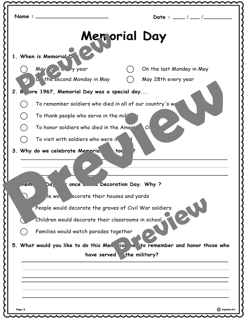 Memorial Day Reading Comprehension For Early Elementary Students 