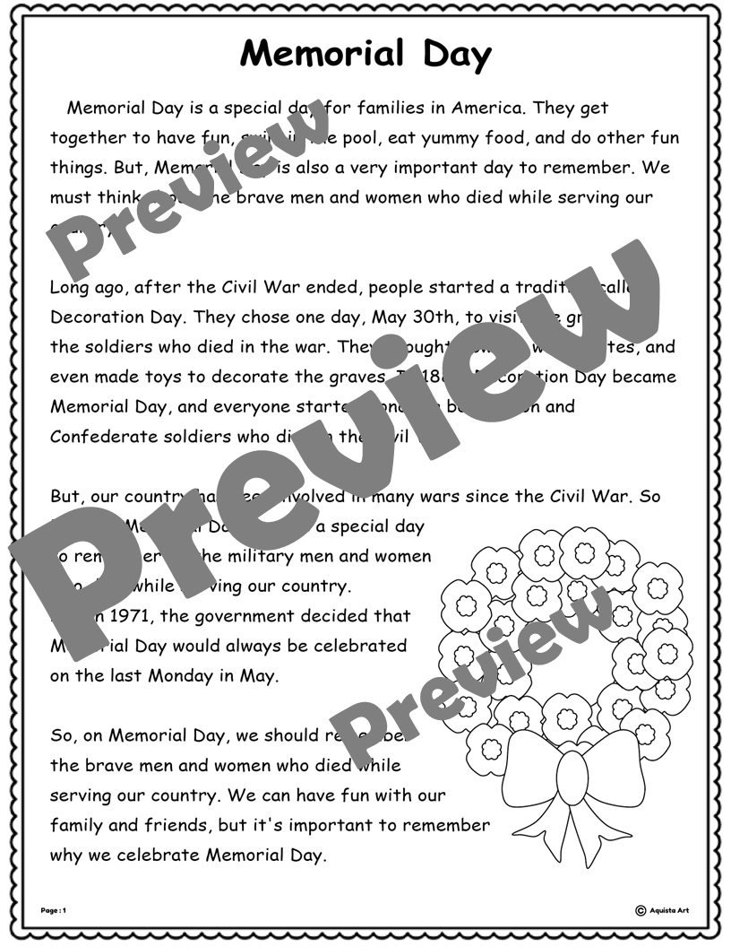 Memorial Day Reading Comprehension Worksheets