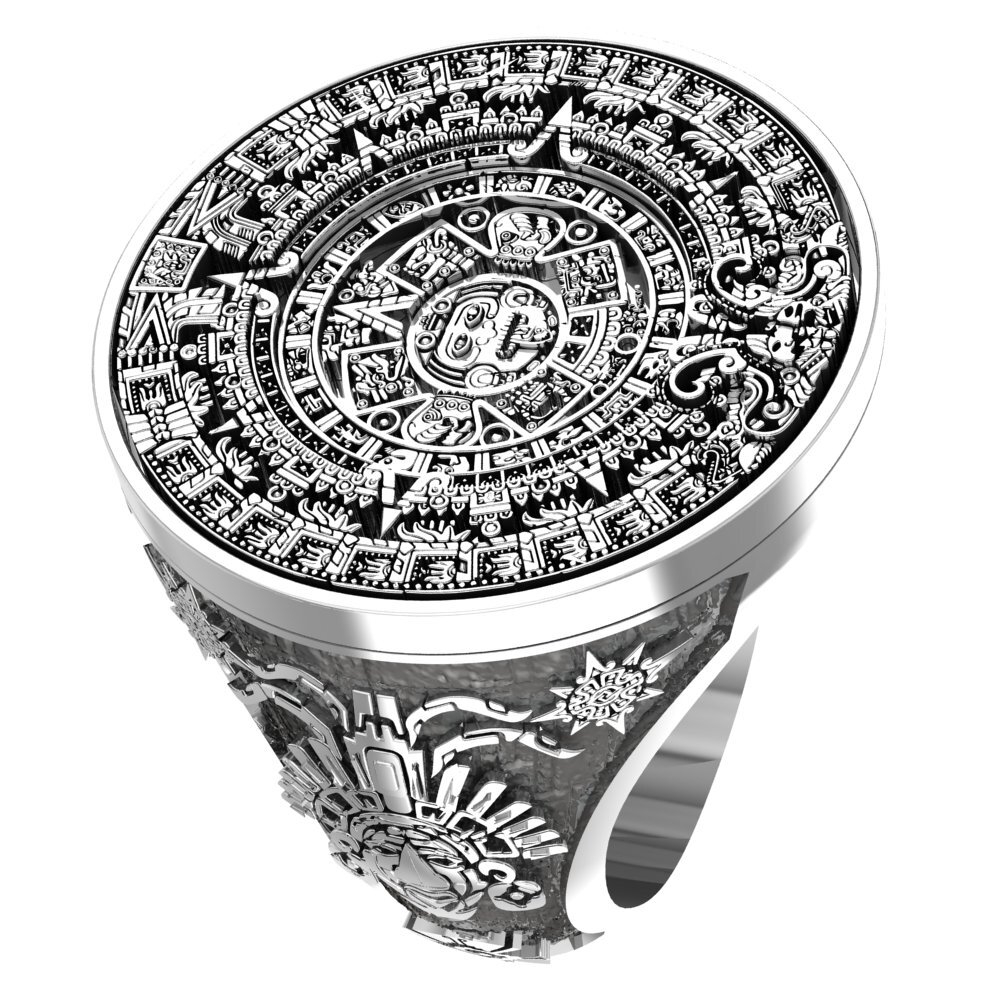 Men s Tribal Aztec Mayan Calendar Ring Mayan Rings 925 Sterling Silver EBay