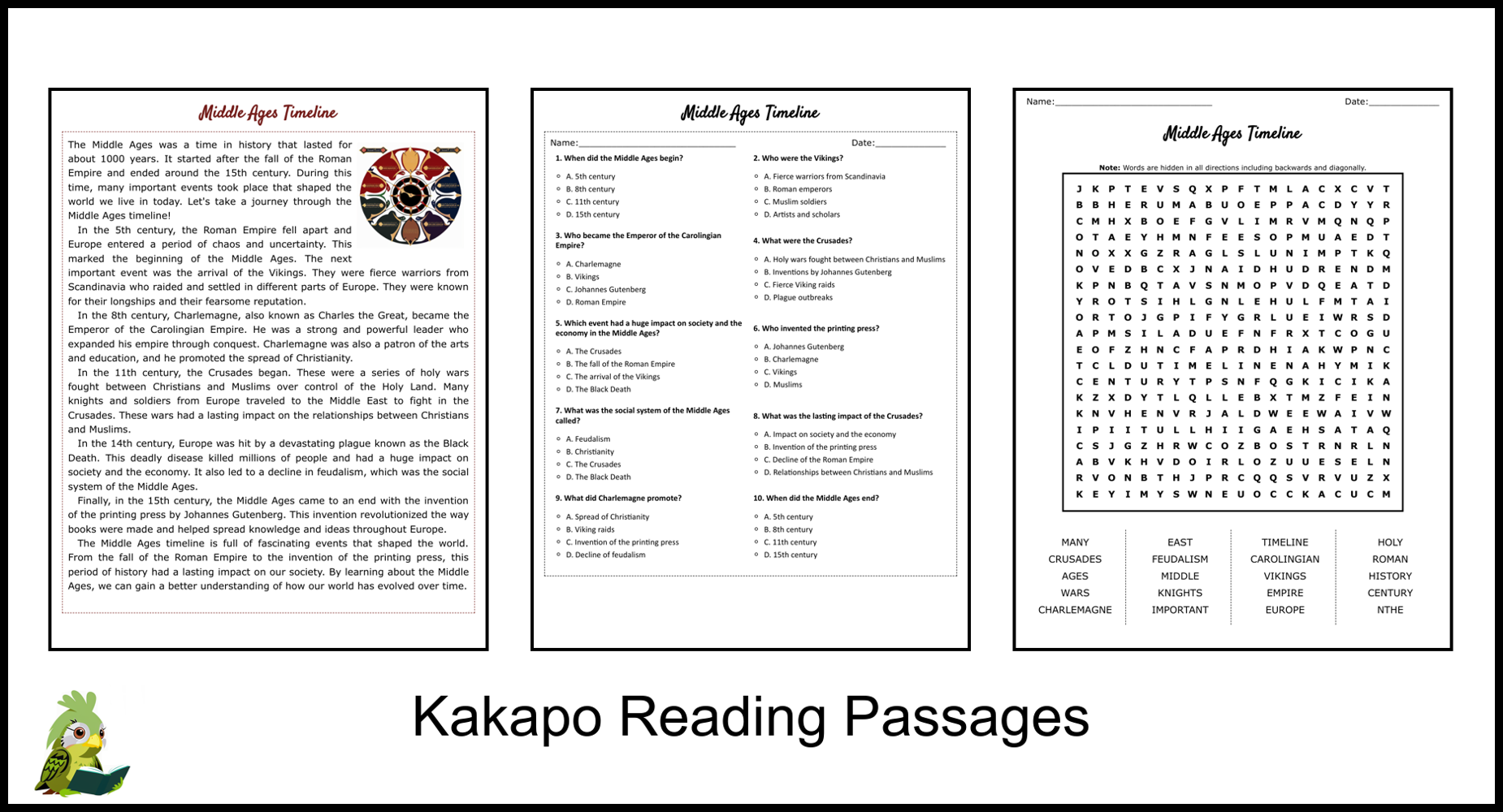 Middle Ages Timeline Reading Comprehension And Word Search 