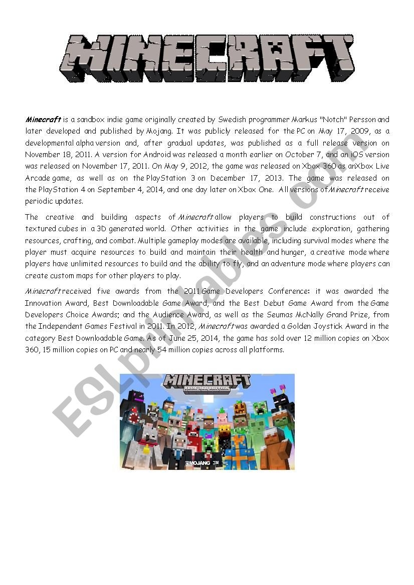 Minecraft Reading Comprehension Activity ESL Worksheet By Ihitz