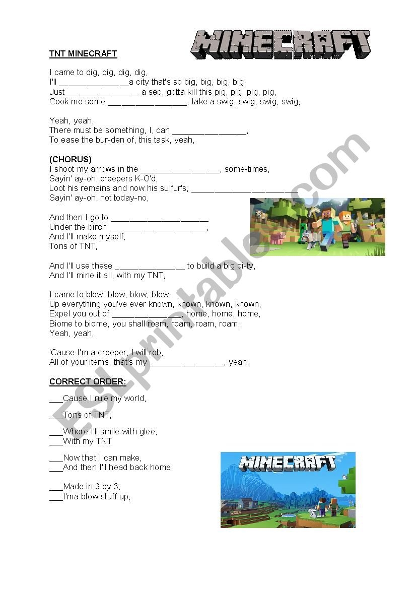 MINECRAFT SONG For Children ESL Worksheet By K8gr