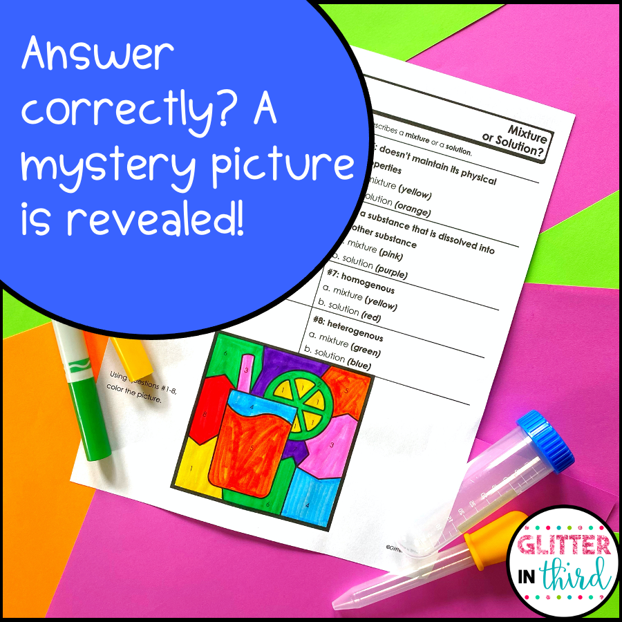 Mixtures And Solutions Worksheets Color By Number Glitter In Third