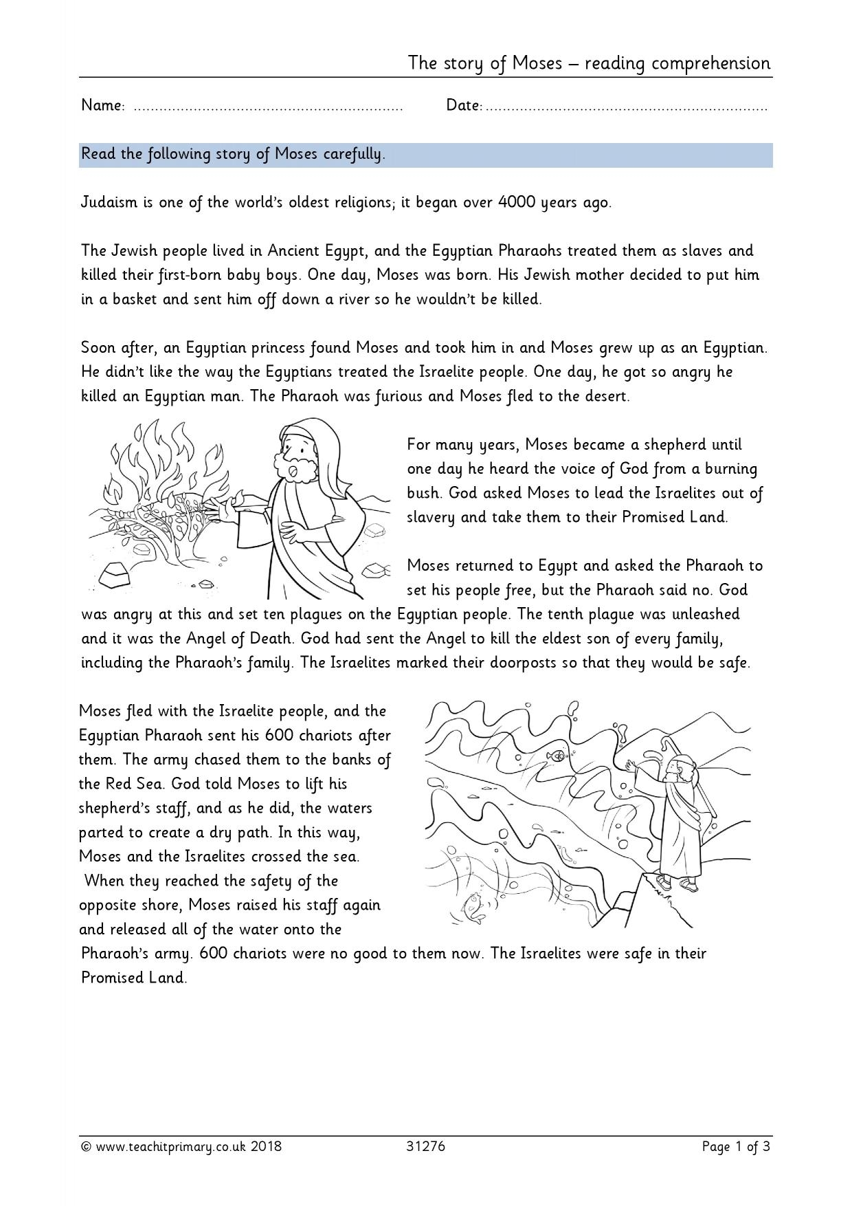 Moses Comprehension RE KS1 Judaism Teachit