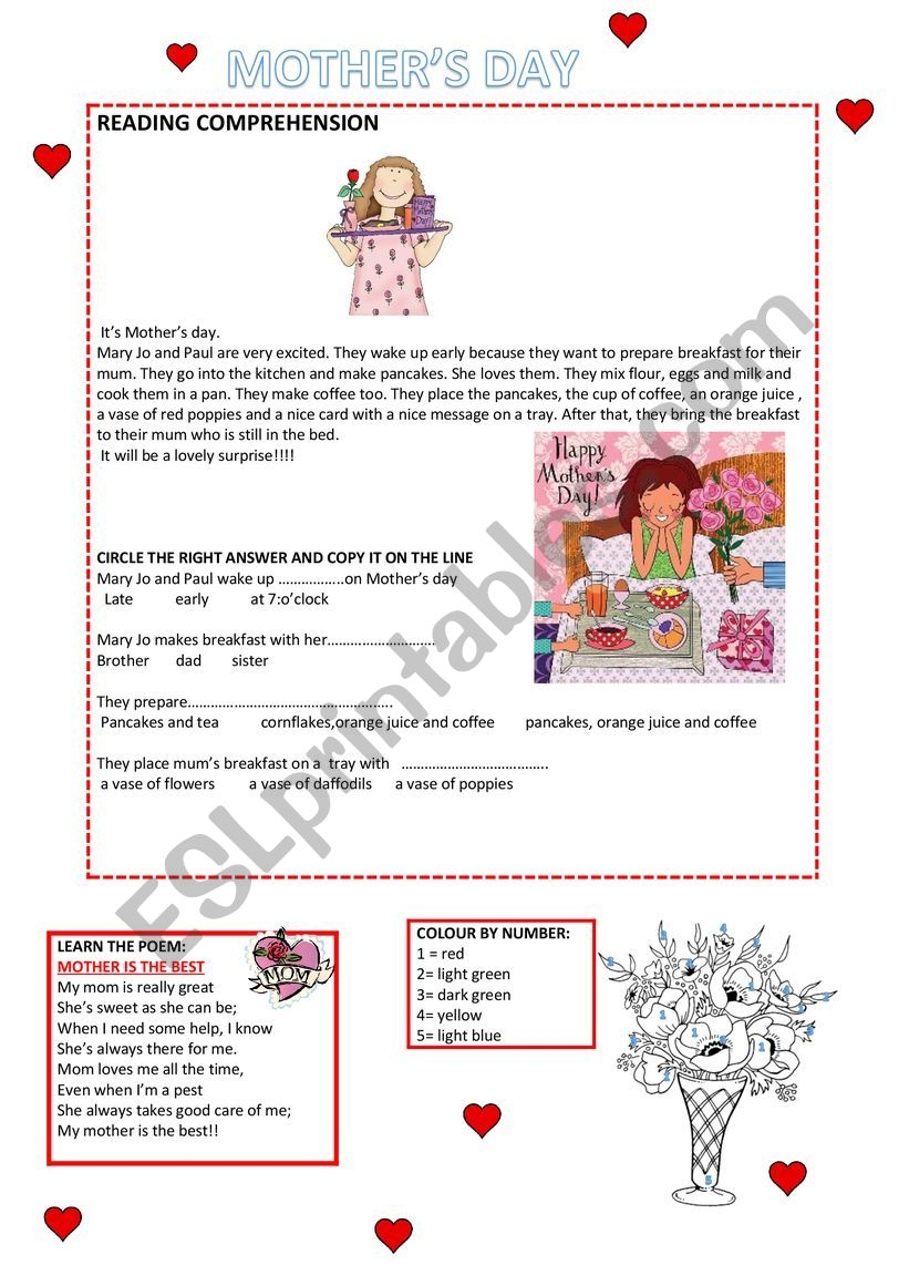 MOTHER S DAY READING COMPREHENSION ESL Worksheet By LIA THE TEACHER