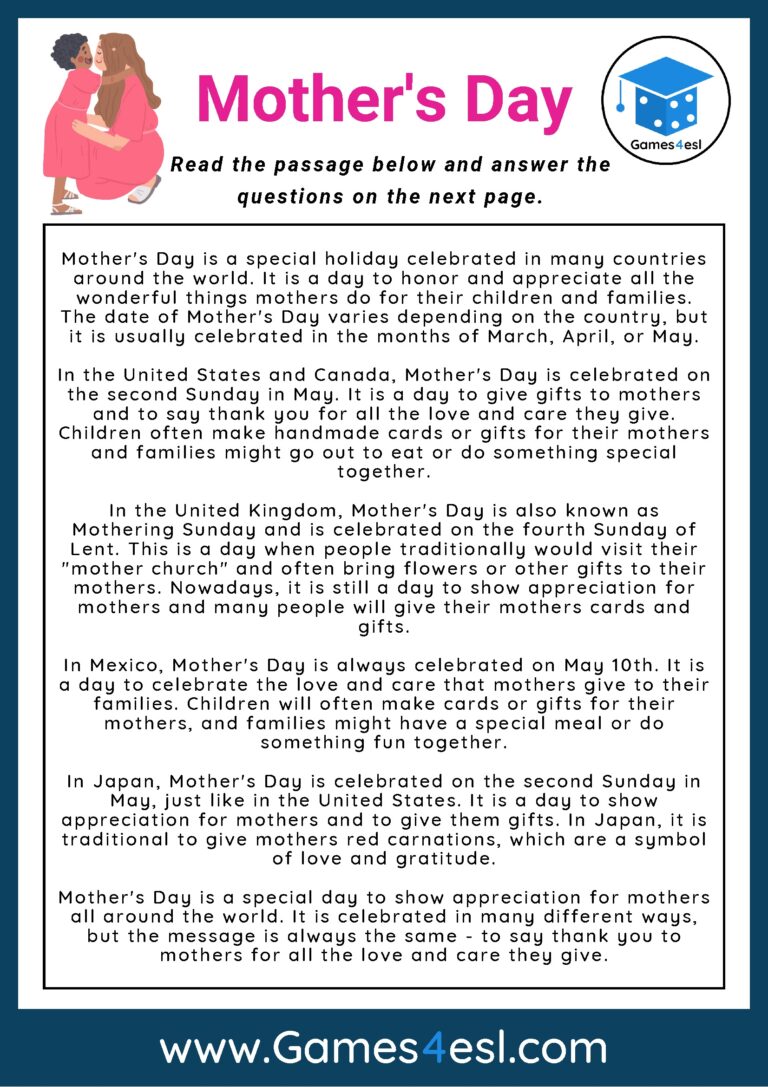 Mother s Day Reading Comprehension Worksheet Games4esl