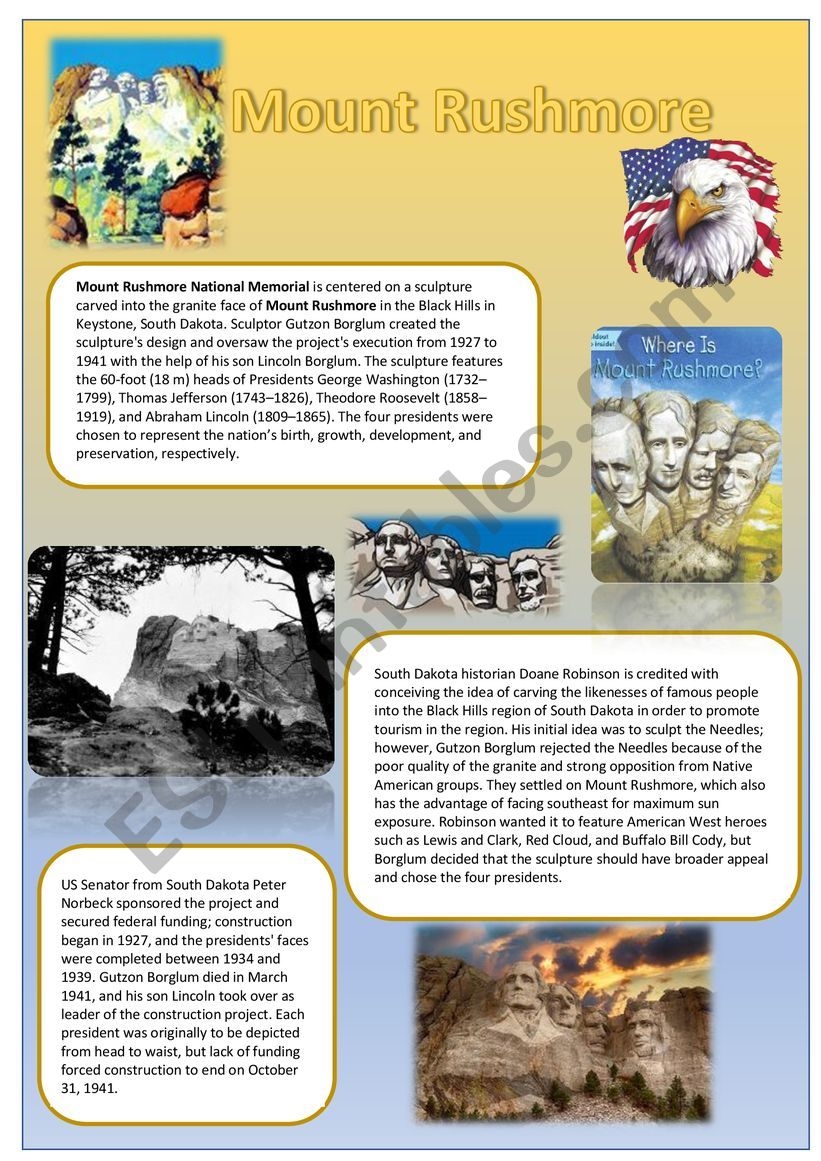 Mount Rushmore A Reading Comprehension ESL Worksheet By Cariboo