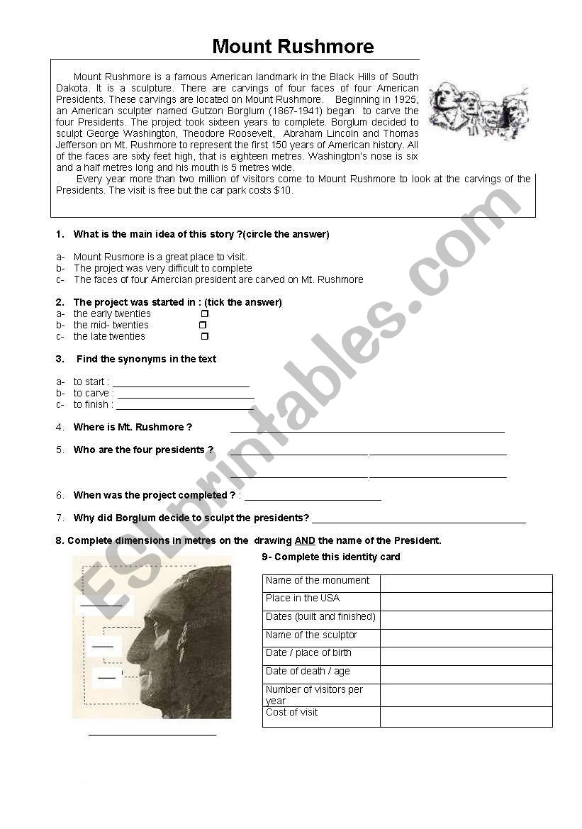 Reading Comprehension Worksheets On Mount Rushmore