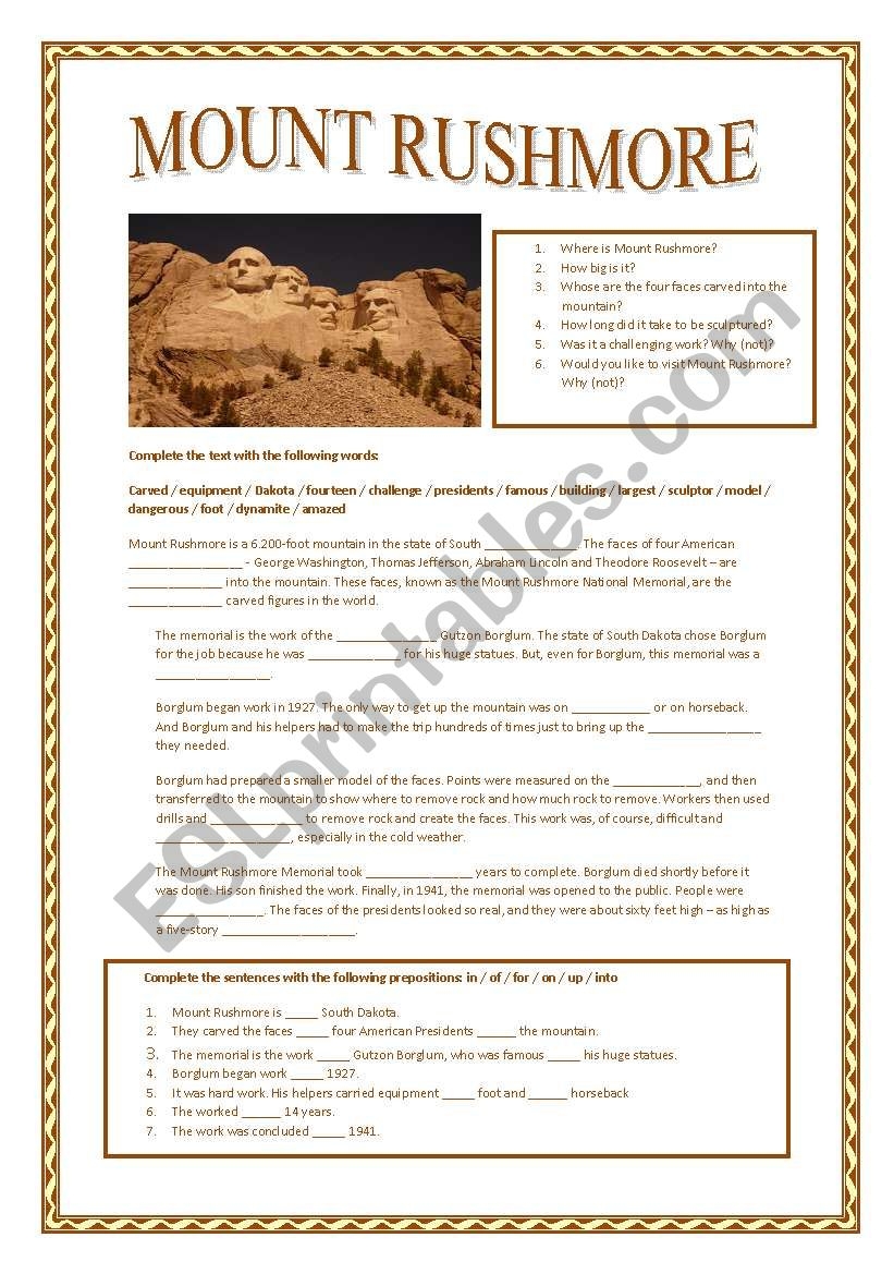 Mount Rushmore ESL Worksheet By Lubar