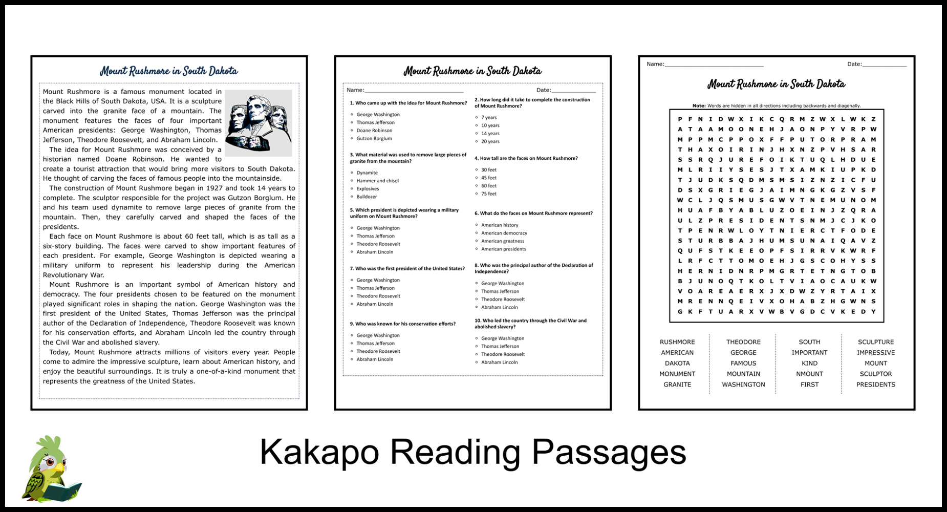 Mount Rushmore In South Dakota Reading Comprehension And Word Search Teaching Resources