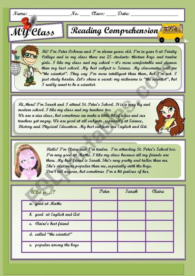 MY CLASS Reading Comprehension ESL Worksheet By Spyworld