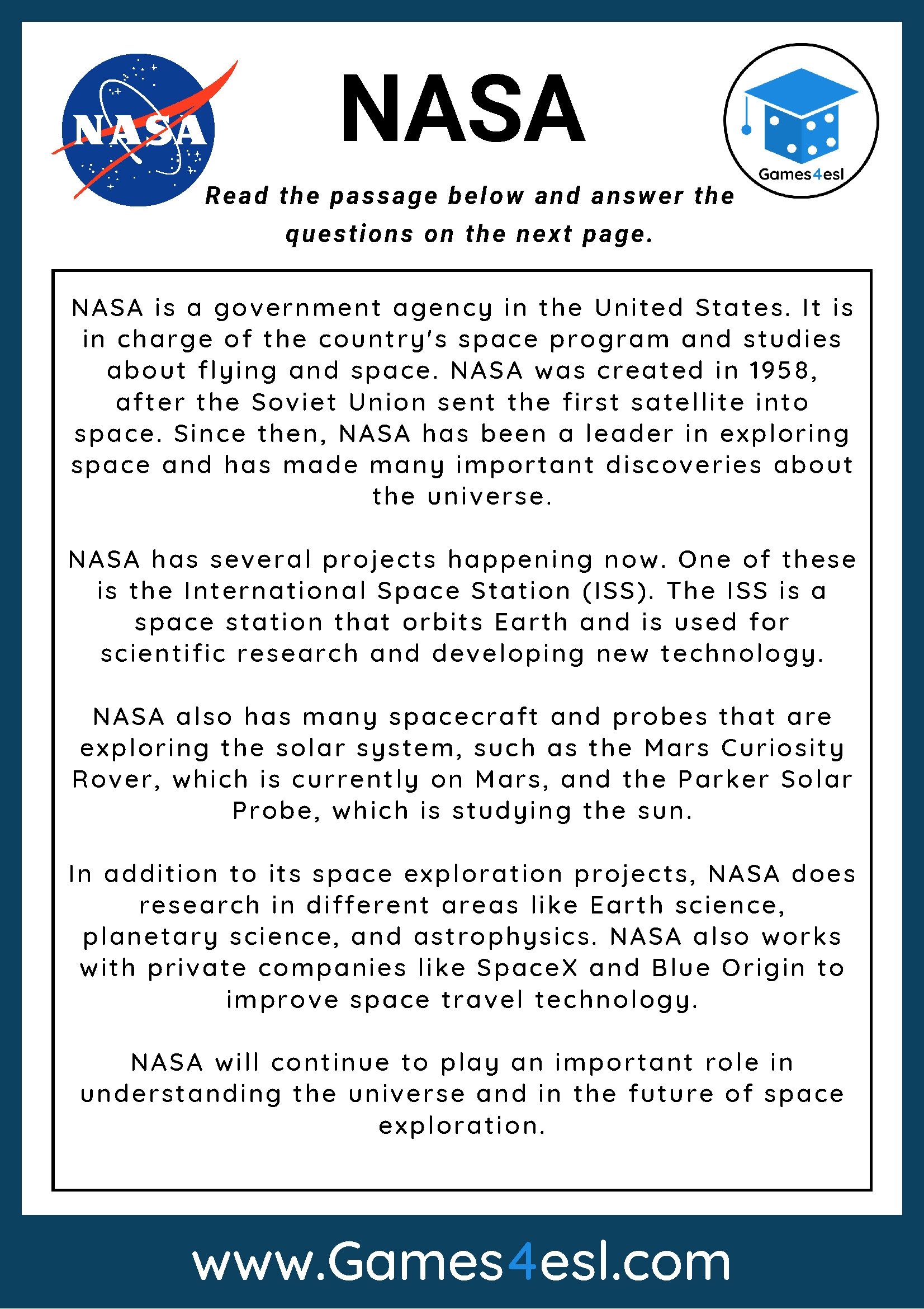 NASA Reading Comprehension Worksheet Games4esl