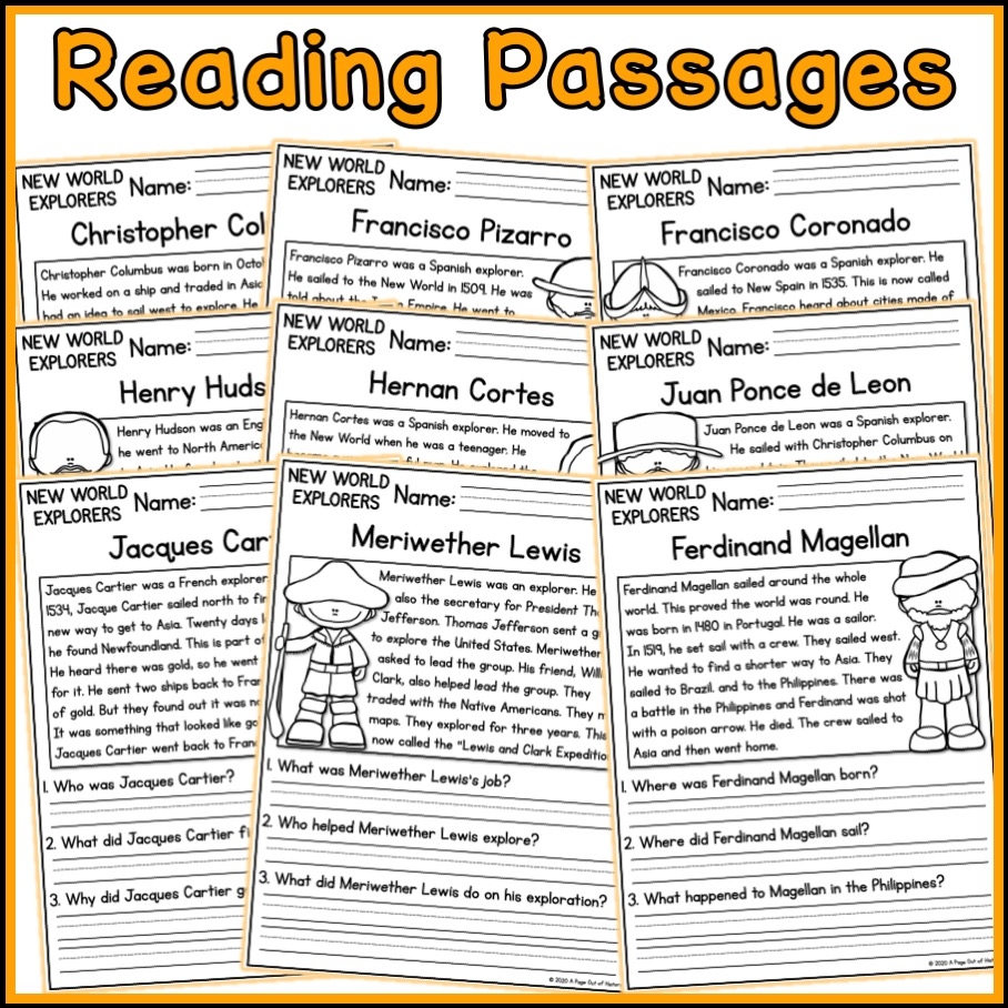 New World Explorers Social Studies Reading Comprehension Passages K 2