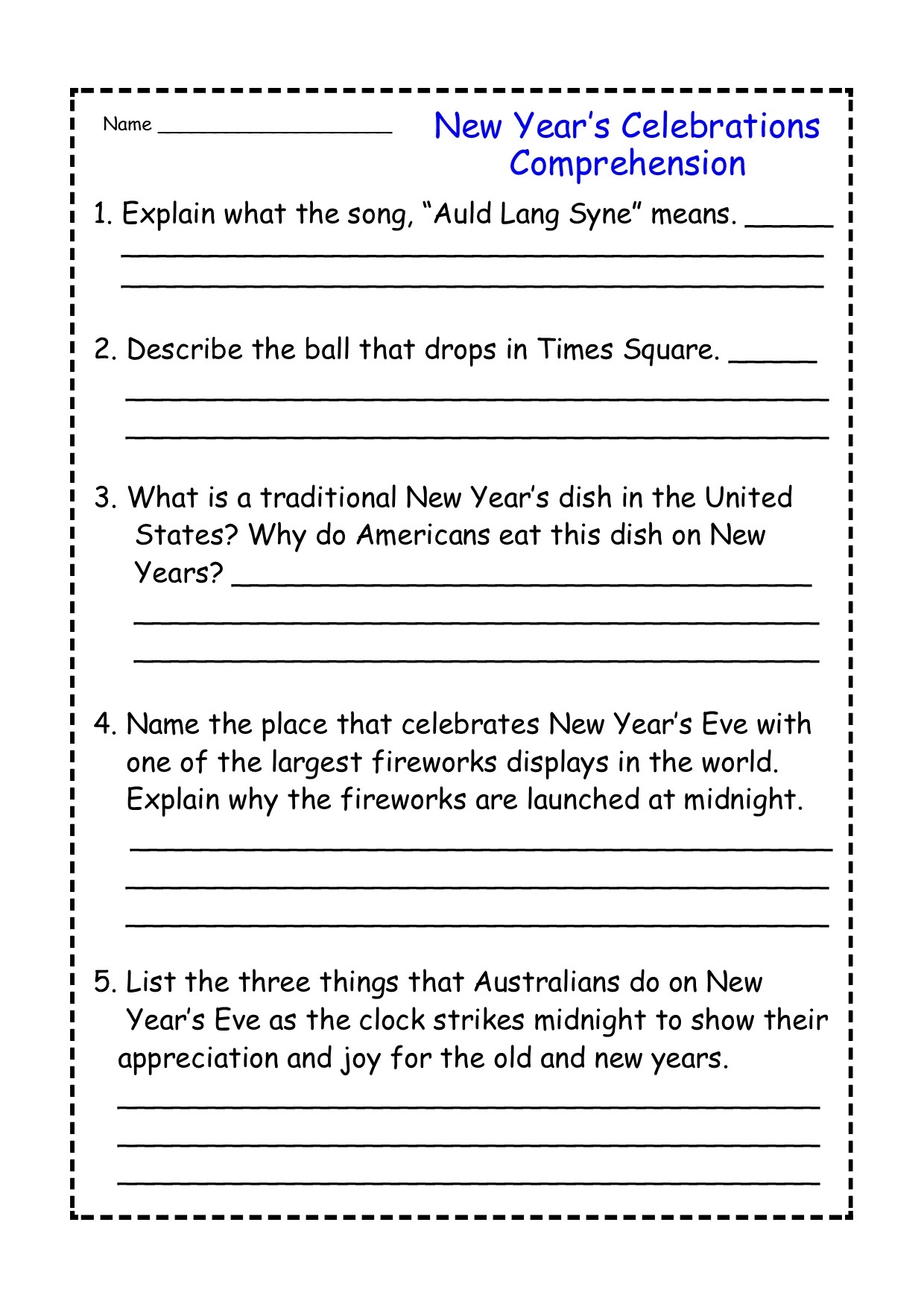 New Year s Celebrations Reading Comprehension Passage