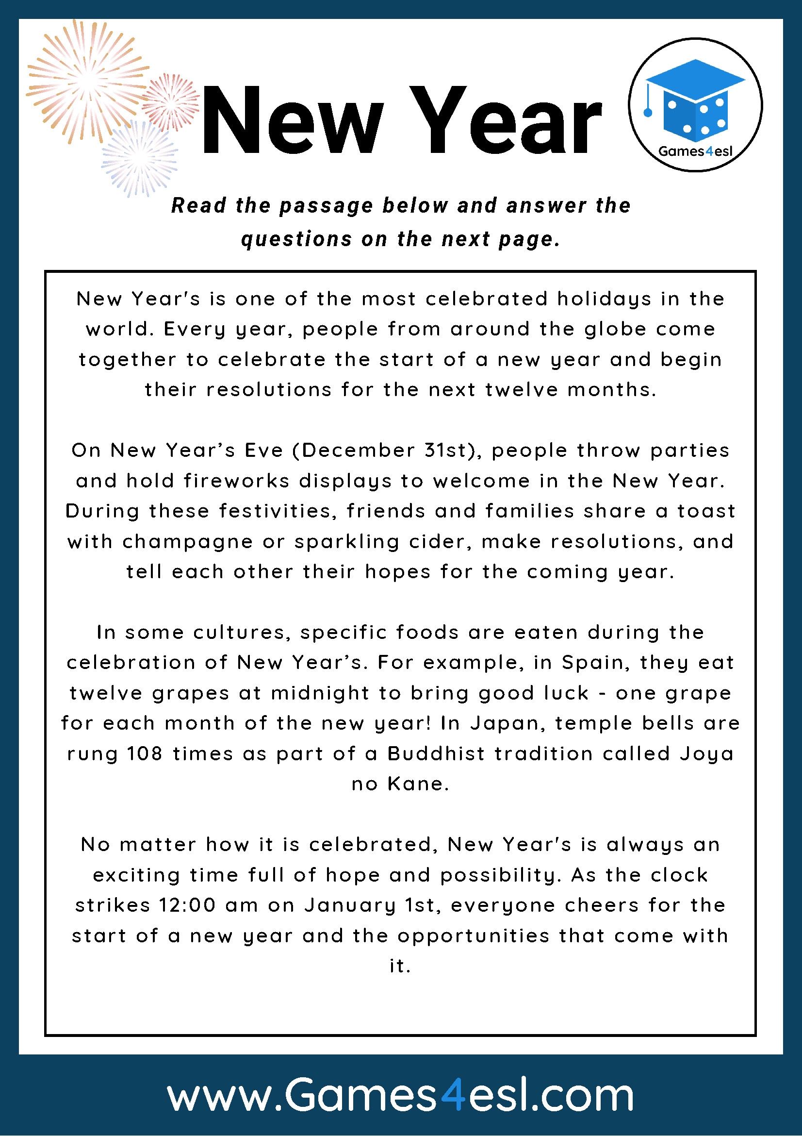 New Years Reading Comprehension Worksheet Games4esl