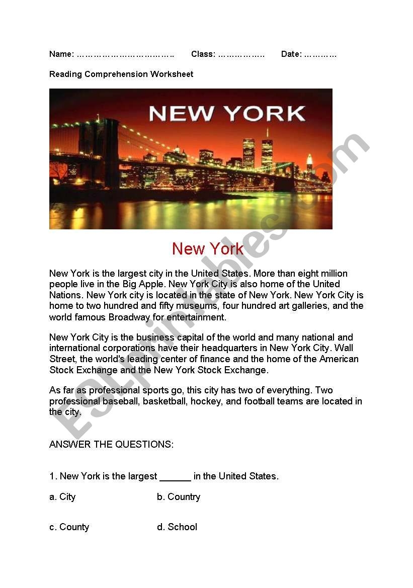 New York City Reading Comprehension Worksheets