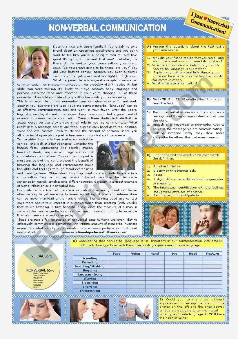 NON VERBAL COMMUNICATION ESL Worksheet By Olgavillanua