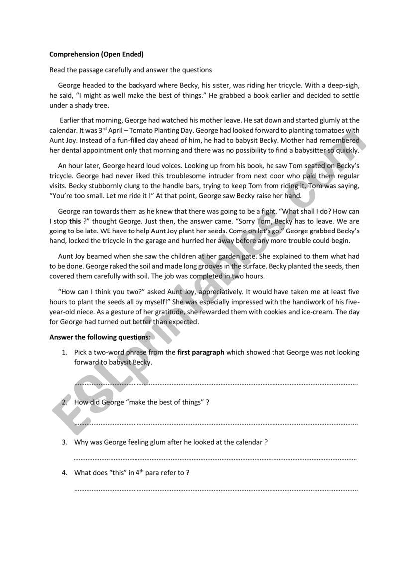 Open Ended Comprehension ESL Worksheet By Romman