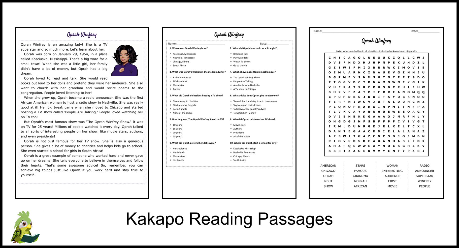 Oprah Winfrey Reading Comprehension And Word Search Teaching 