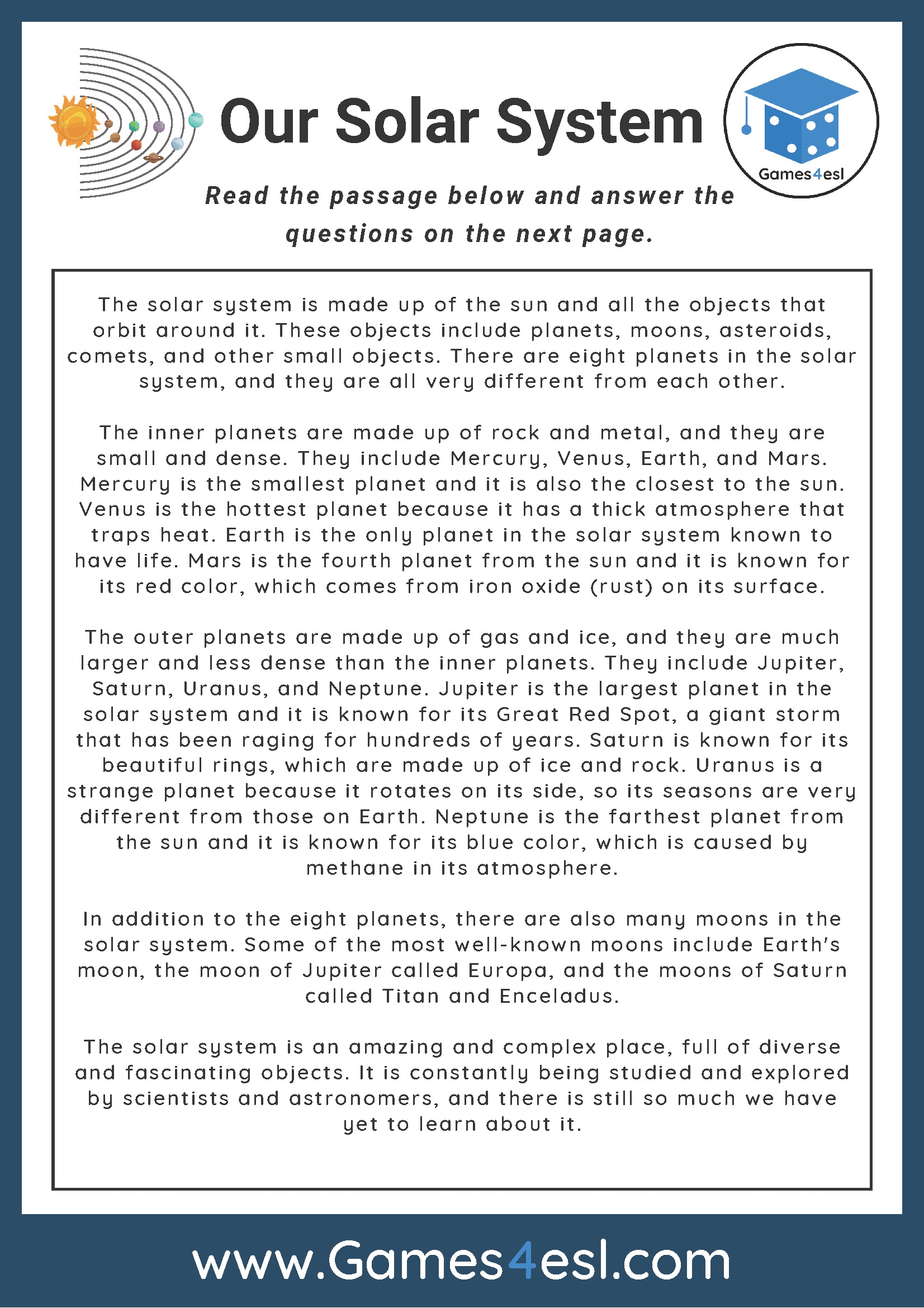 Saturn Reading Comprehension Worksheet