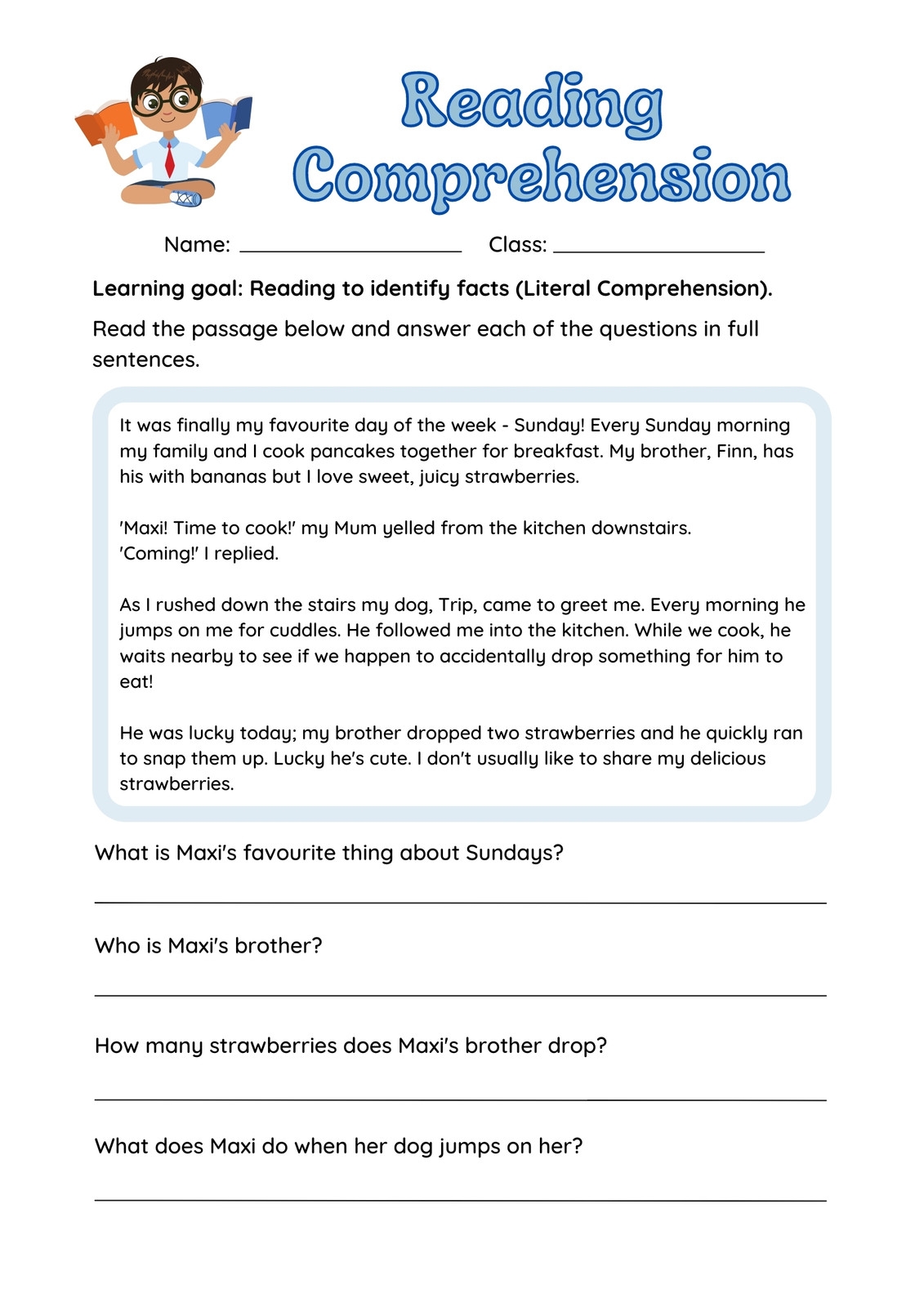 Literal Reading Comprehension Worksheets