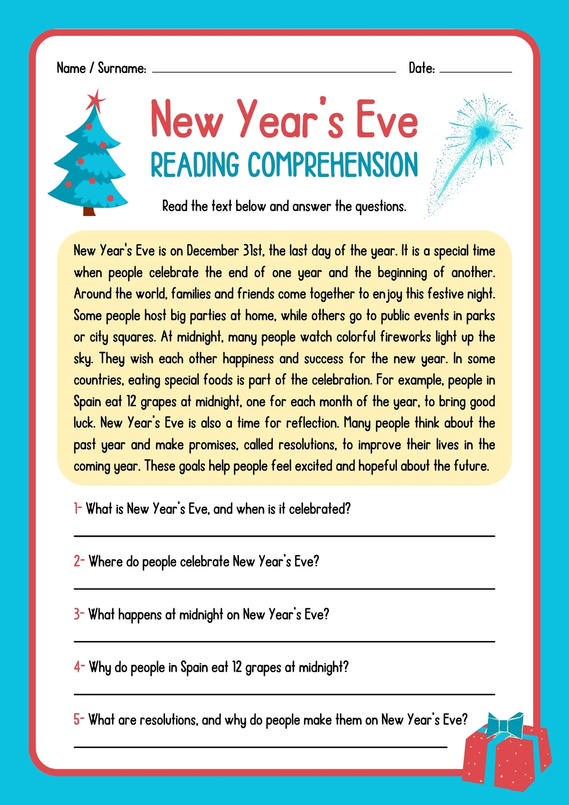 New Year's Reading Comprehension Worksheets