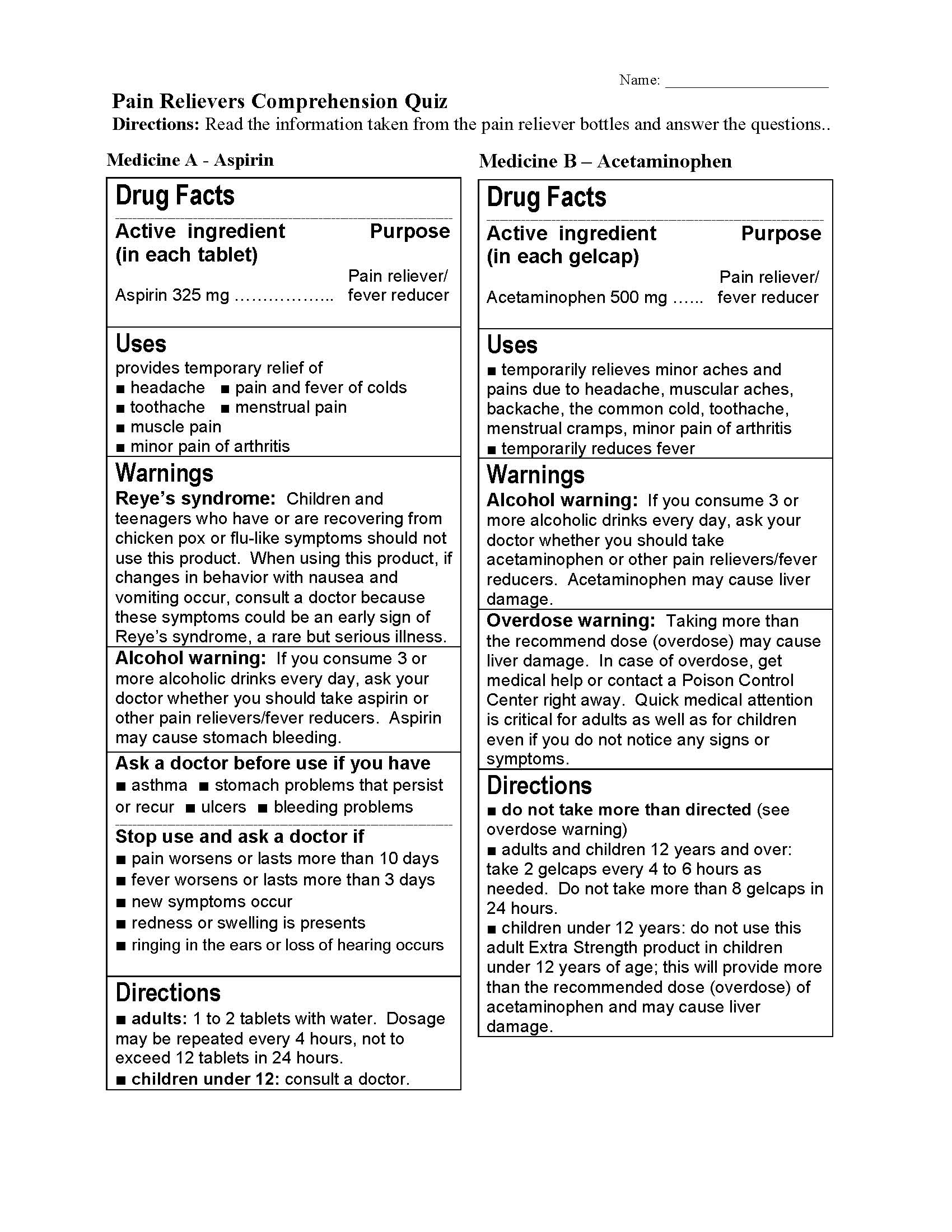 Pain Reliever Comparison Nonfiction Reading Activity