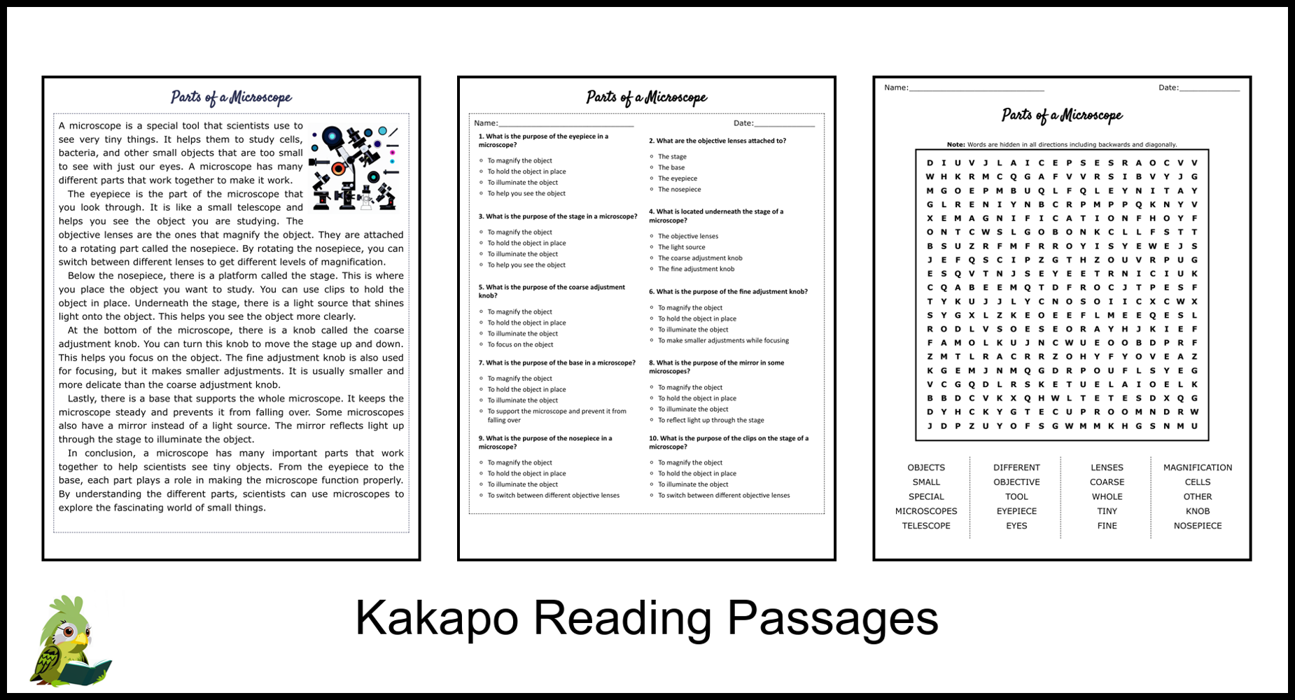 Parts Of A Microscope Reading Comprehension And Word Search Teaching Resources