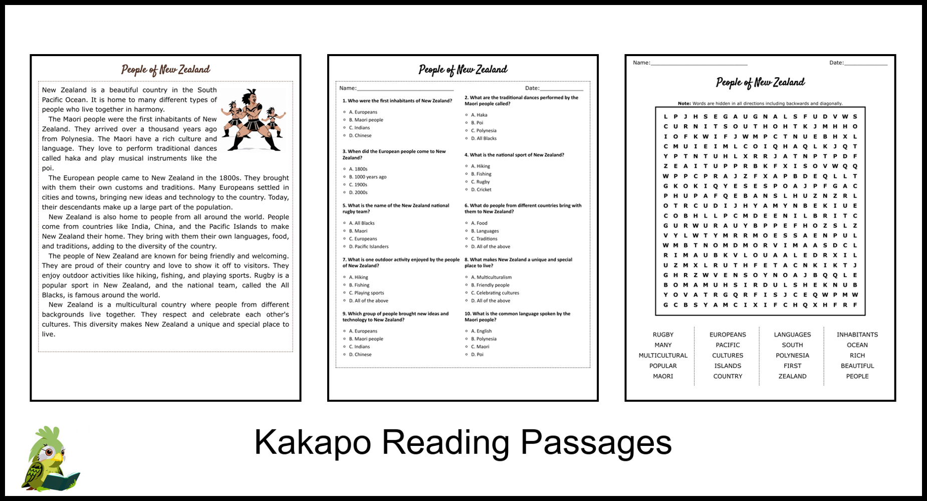People Of New Zealand Reading Comprehension And Word Search Teaching Resources