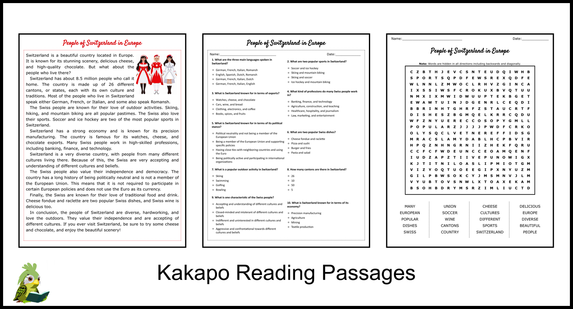 People Of Switzerland In Europe Reading Comprehension And Word Search Teaching Resources