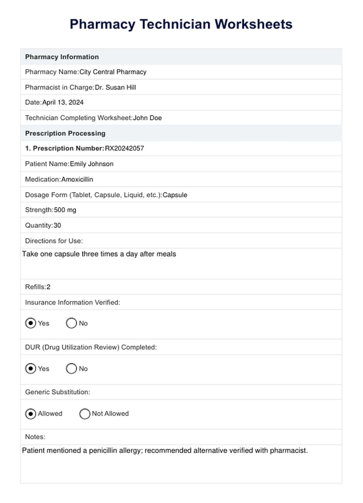 Pharmacy Technician Worksheets U0026 Example Free PDF Download