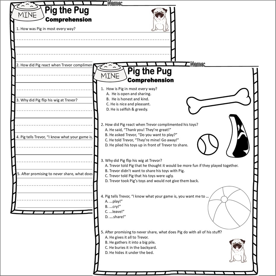Pig The Pug Book Companion Reading Comprehension Worksheets