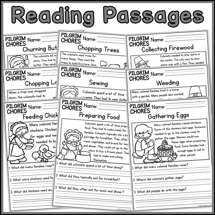 Pilgrim Chores Social Studies Reading Comprehension Passages K 2