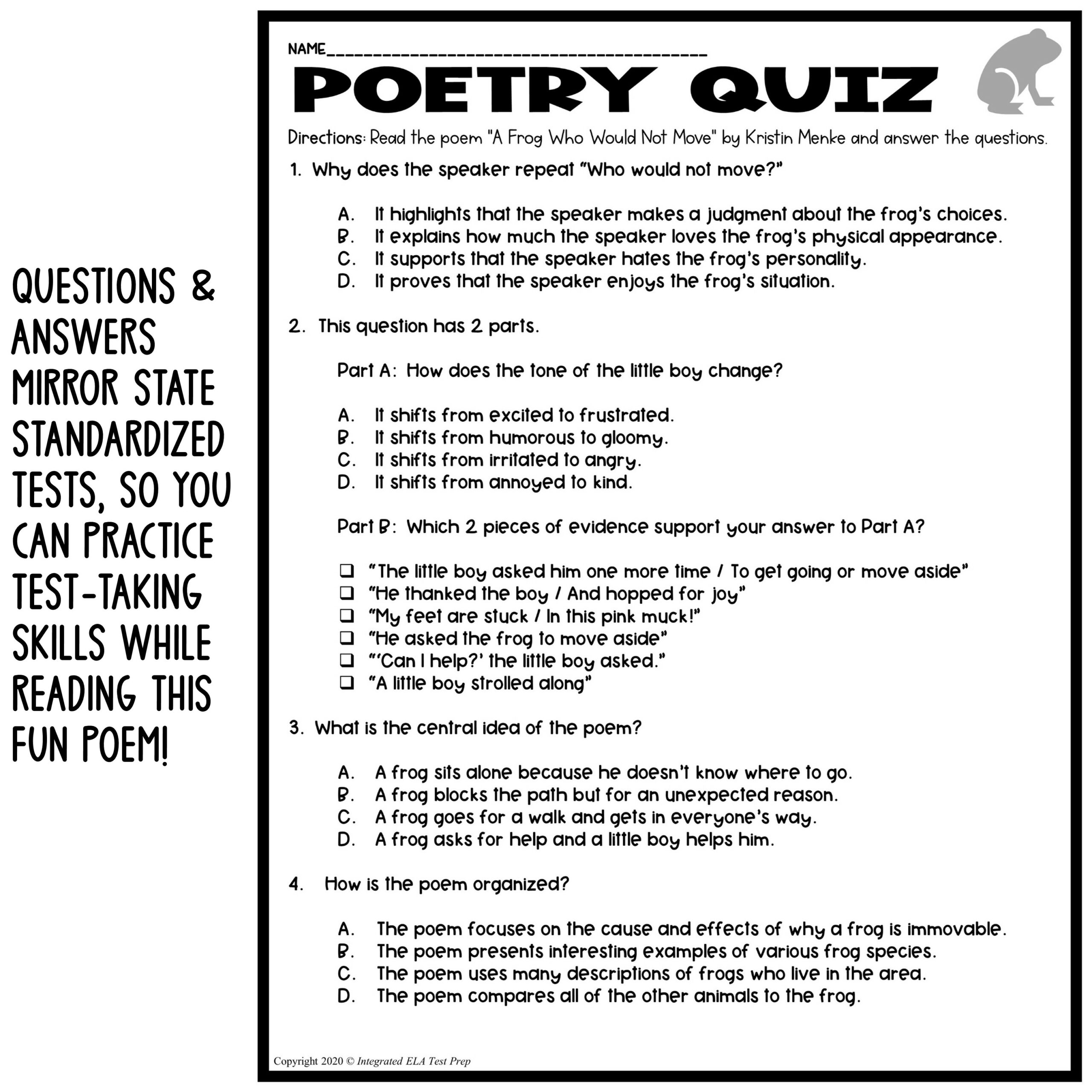 Poetry Comprehension Lesson Test Prep Activities Questions Worksheets Pack
