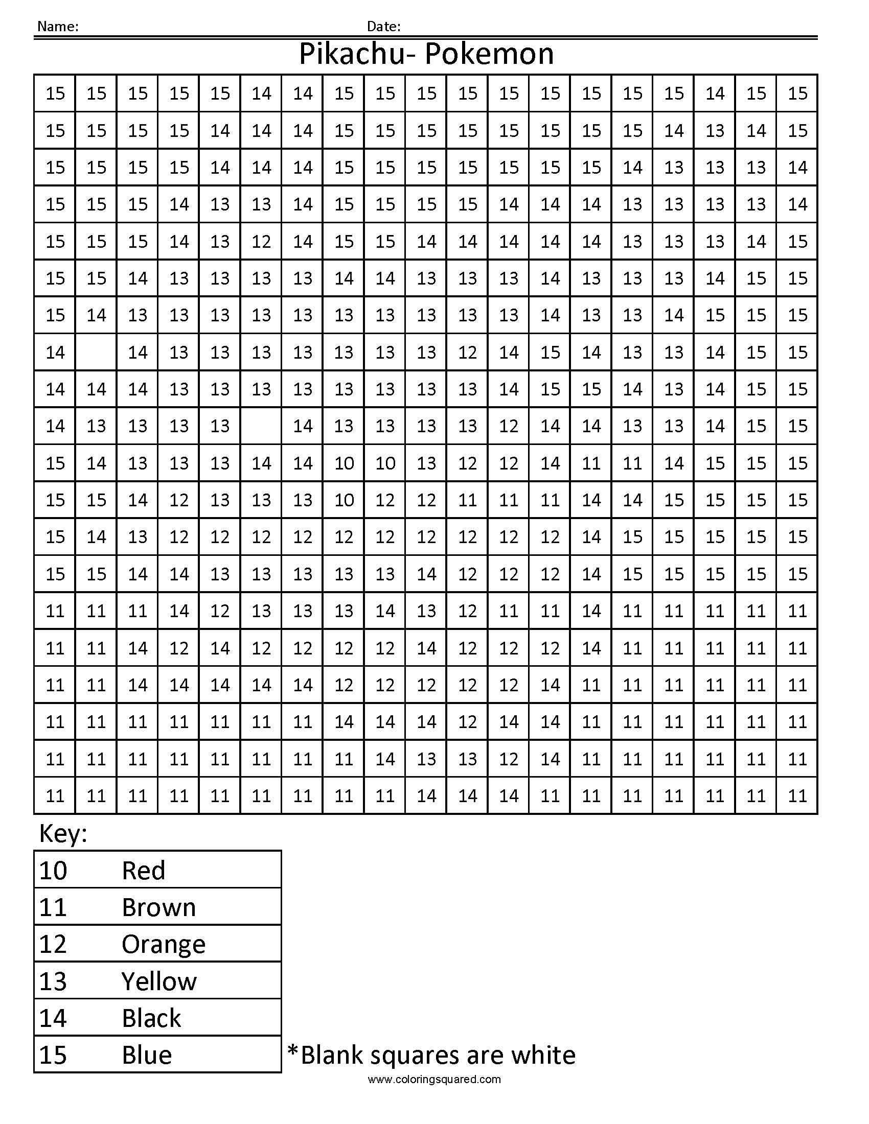 Pokemon Pikachu Color By Number Coloring Squared