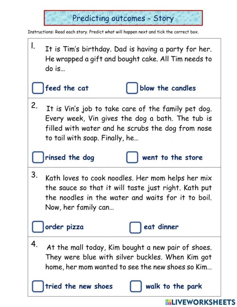 Predicting Outcomes Story Worksheet Live Worksheets Worksheets Library
