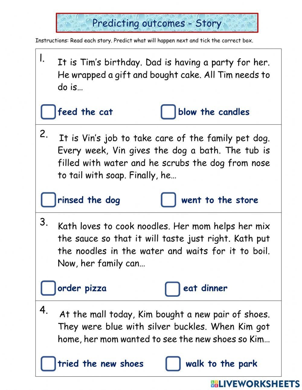 Predicting Outcomes Story Worksheet Live Worksheets Worksheets Library